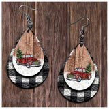 Iconic Red Truck & Tree Black Buffalo Plaid Leather Earrings-Jewelry