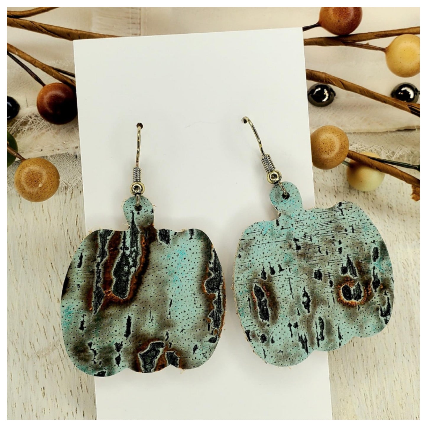 Adorable Mint Burnt Marble Leather Pumpkin Earrings