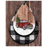 Iconic Red Truck & Tree Black Buffalo Plaid Leather Earrings-Jewelry