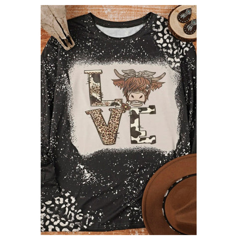 Be My Valentine-Bleach Splatter “LOVE” in Cow and Leopard Graphic Black Sweatshirt Top