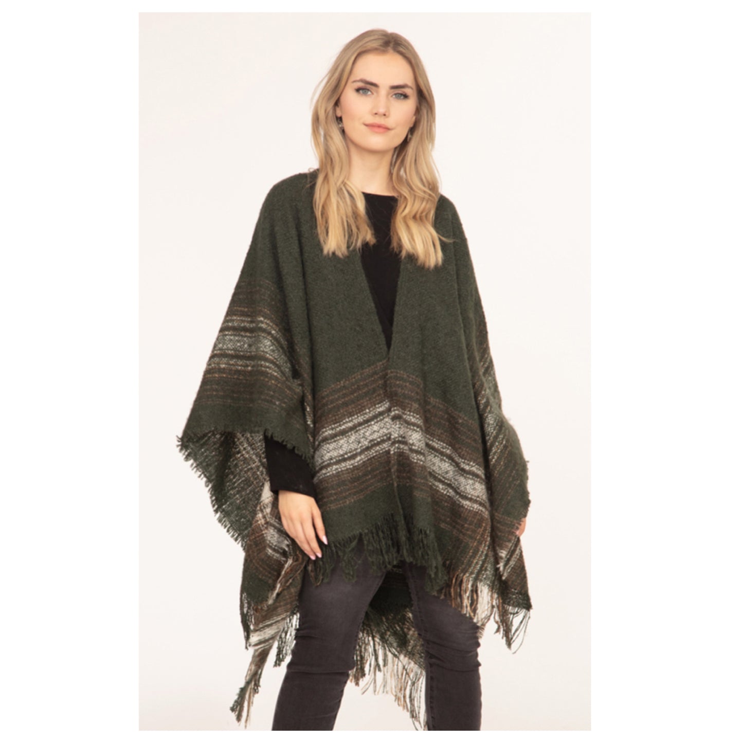 Crazy Cozy Multi Plaid Fringe Trim Olive Ruana Shawl