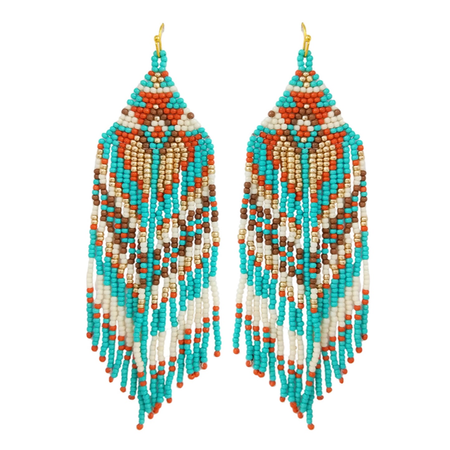 Ashlyn’s Turquoise Brown Mix Aztec Fringe Drop Seed Bead Earrings-Western-Navajo