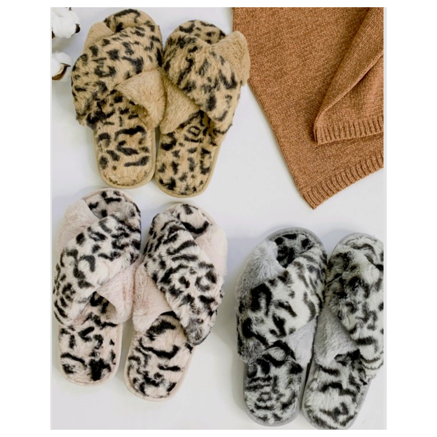 Pamper Your Feet, Faux Fur Grey Leopard Slippers