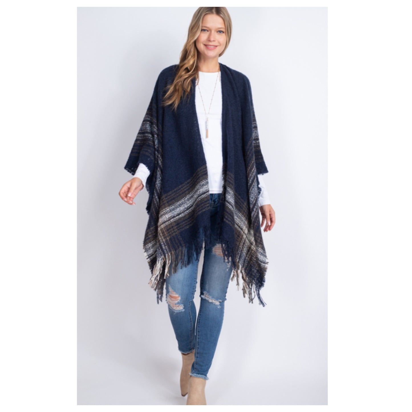 Crazy Cozy Multi Plaid Fringe Trim Navy Ruana Shawl