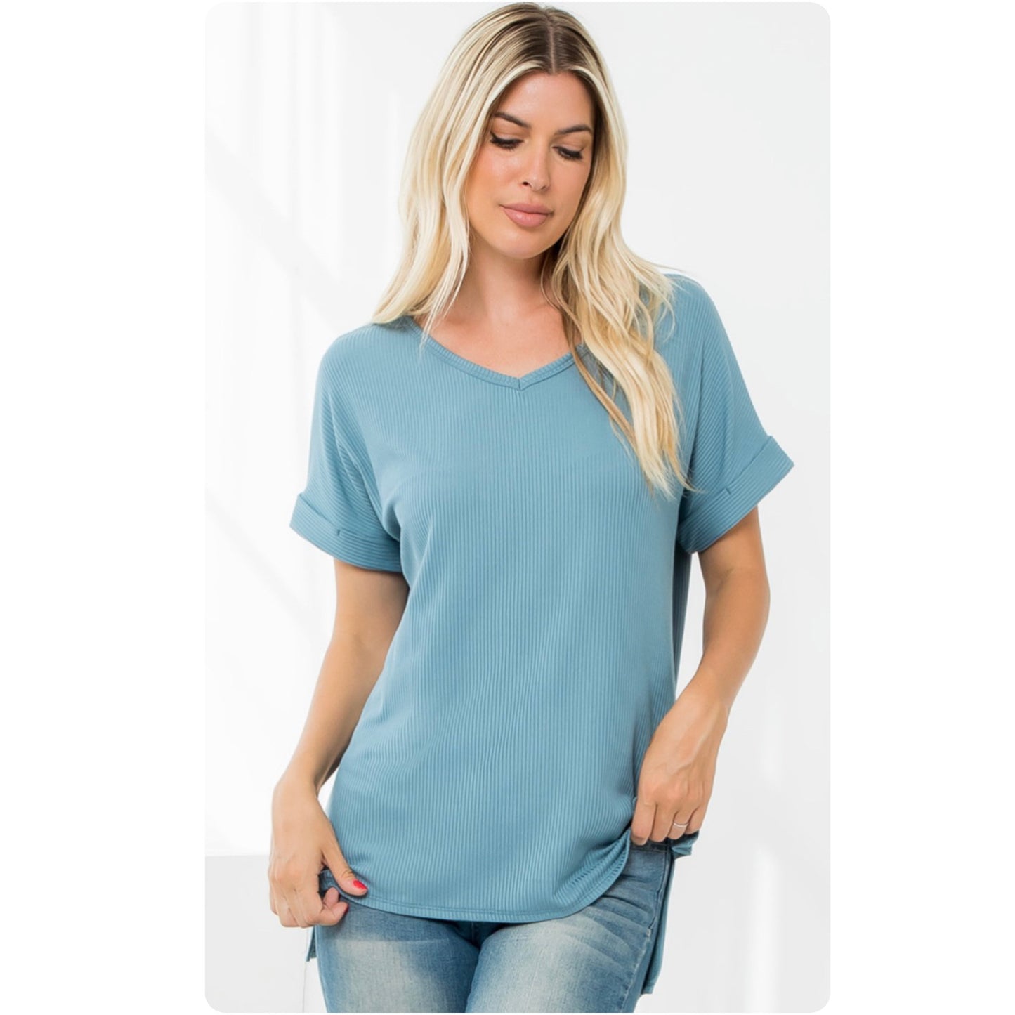 Ashlyn’s Classic V Neck Ribbed Blue Denim Top-Tunic