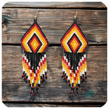 Black Orange Mix Aztec Diamond Fringe Drop Seed Bead Earrings-Western-Navajo