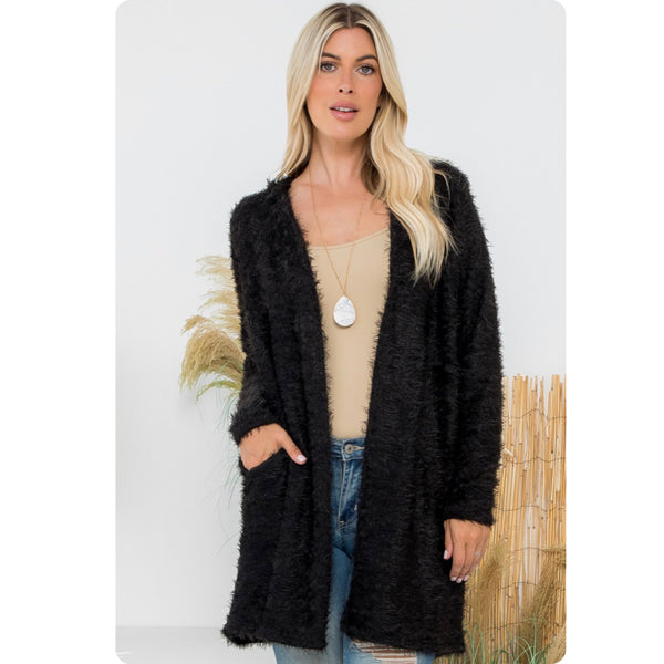 Ashlyn’s Casually Classy Silky Fur Black Hooded Cardigan-Open Front Sweater