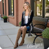 Boho Asymmetric Print Long Black Hooded Cardigan-Aztec Sweater-Duster