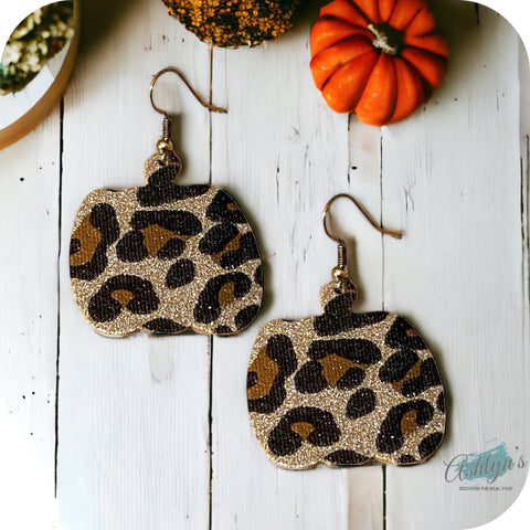 Adorable Sparkle Leopard Leather Pumpkin Earrings