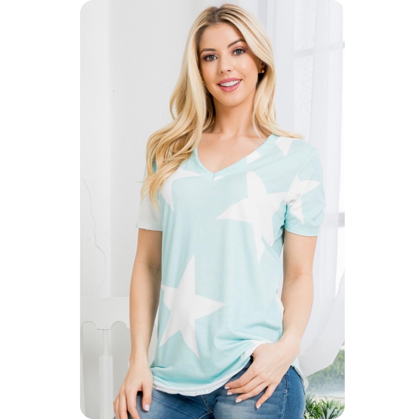 Closeout-Ashlyn’s Pastel Star V Neck Tops-Tunic Top