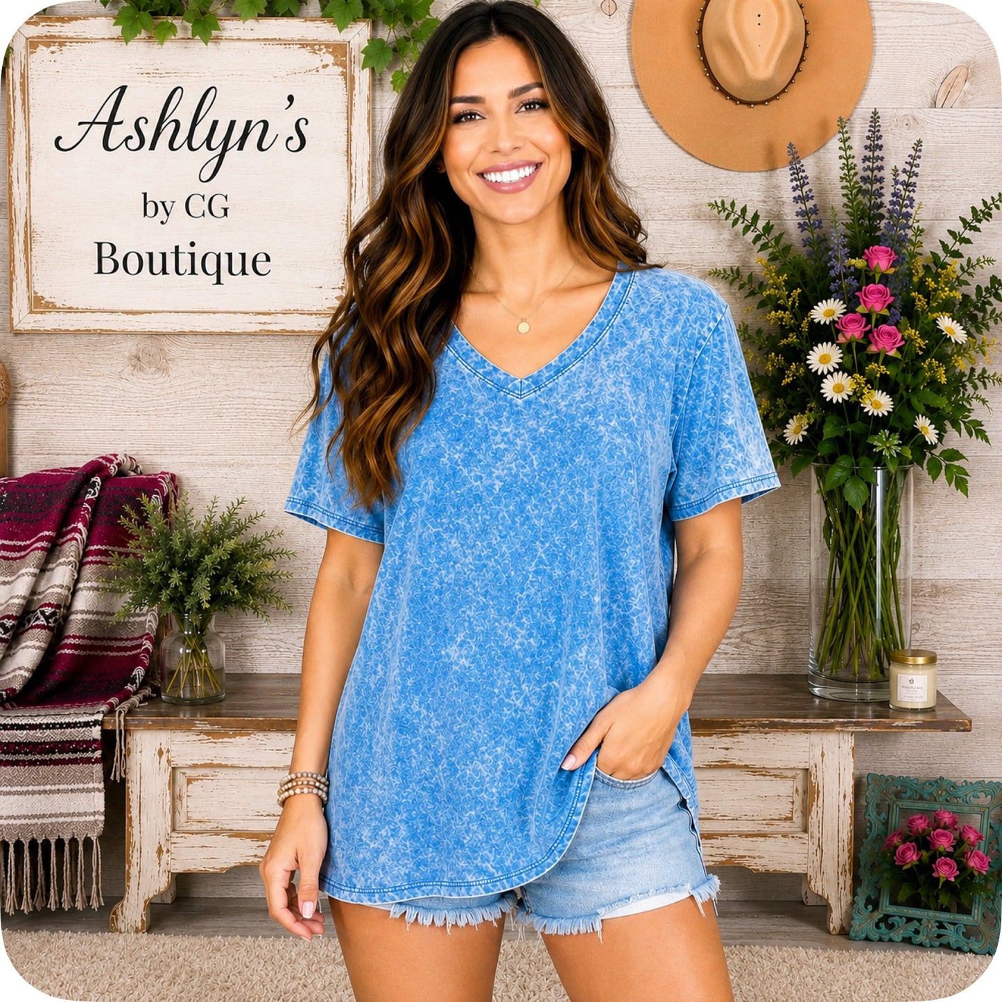 ZENANA Washed Classic V Neck Short Sleeve Tunic Top