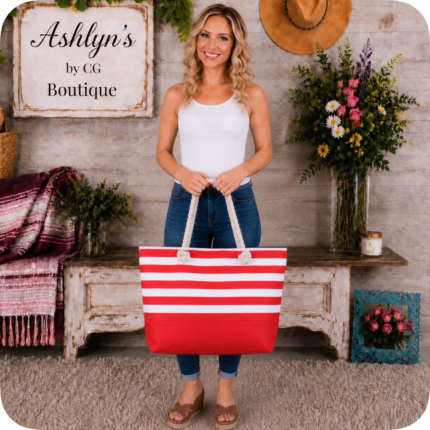 Ashlyn’s XL Red Striped Canvas Headed Out with Ease Tote Bag-Purse