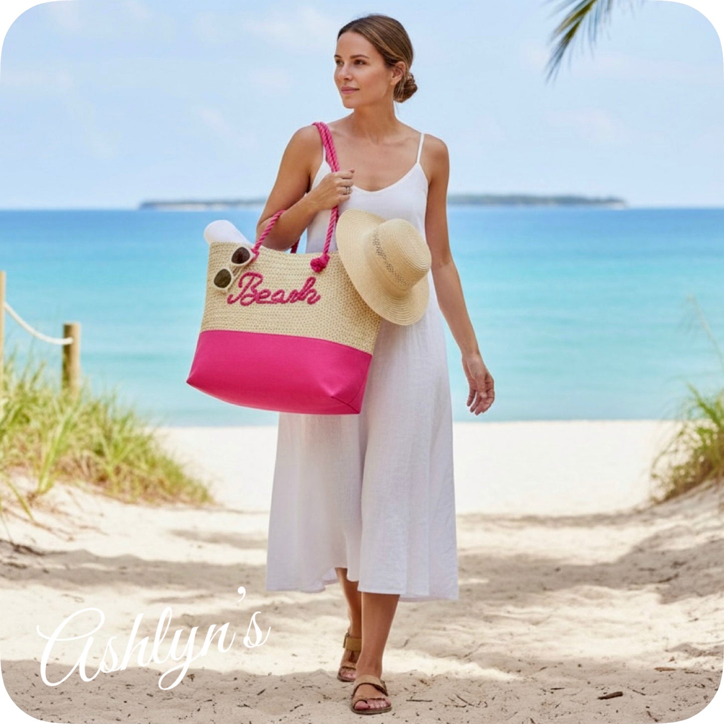 Summer Time Fun-XXL Pink Beach Verbiage Crochet Tote Bag-Purse