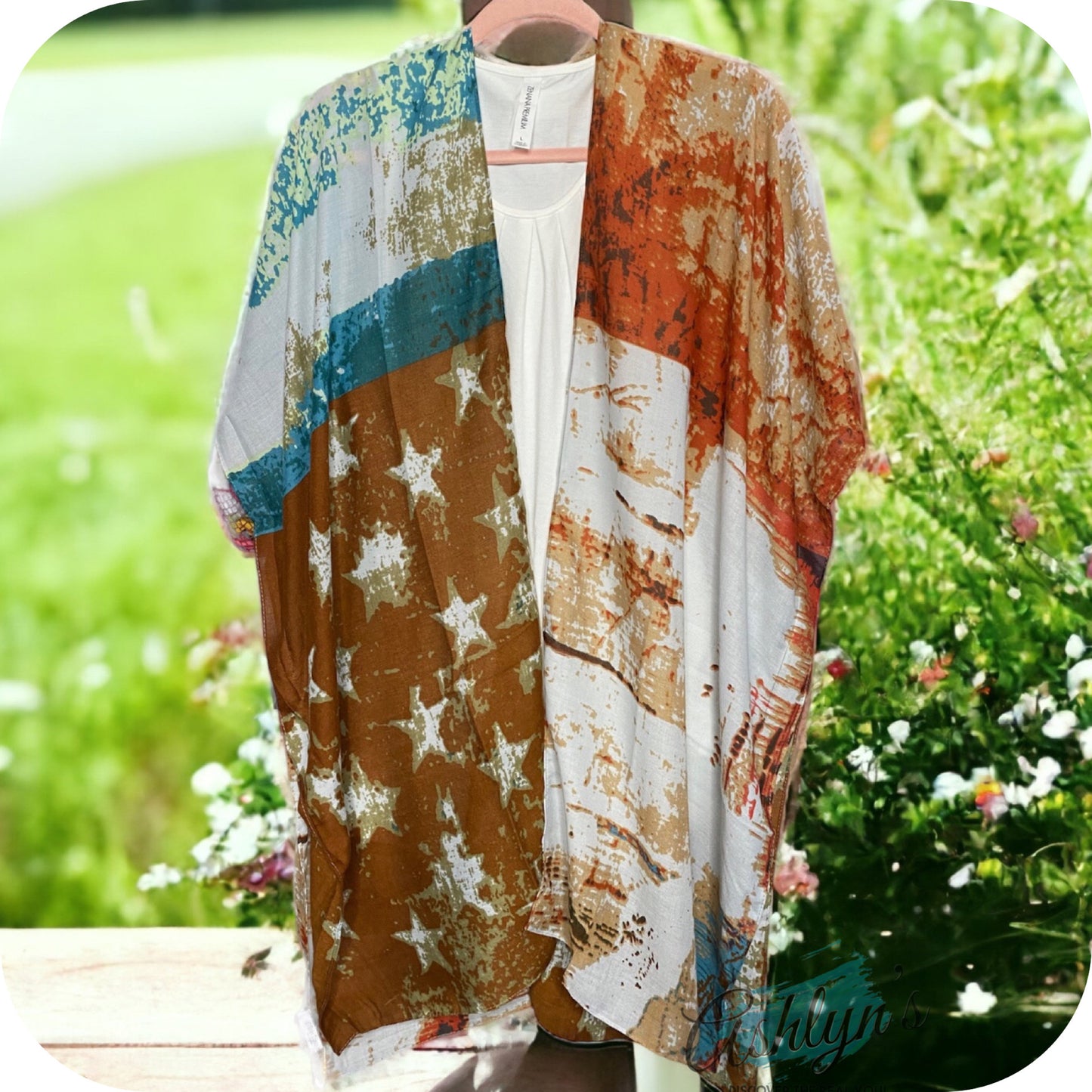 Ashlyn’s American Pride Theme Turquoise Rust Vintage Toned Kimono-Cardigan
