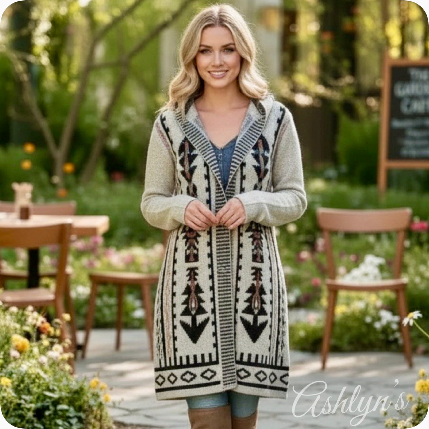 Boho Asymmetric Print Long Beige Hooded Cardigan-Aztec Sweater-Duster-Oatmeal