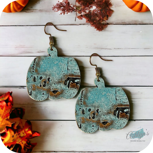 Adorable Mint Burnt Marble Leather Pumpkin Earrings