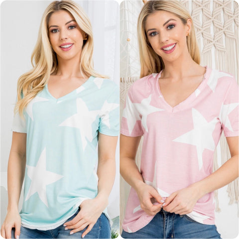 Closeout-Ashlyn’s Pastel Star V Neck Tops-Tunic Top