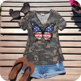 Special - Adorable American Flag Butterfly V Neck Camouflage Top