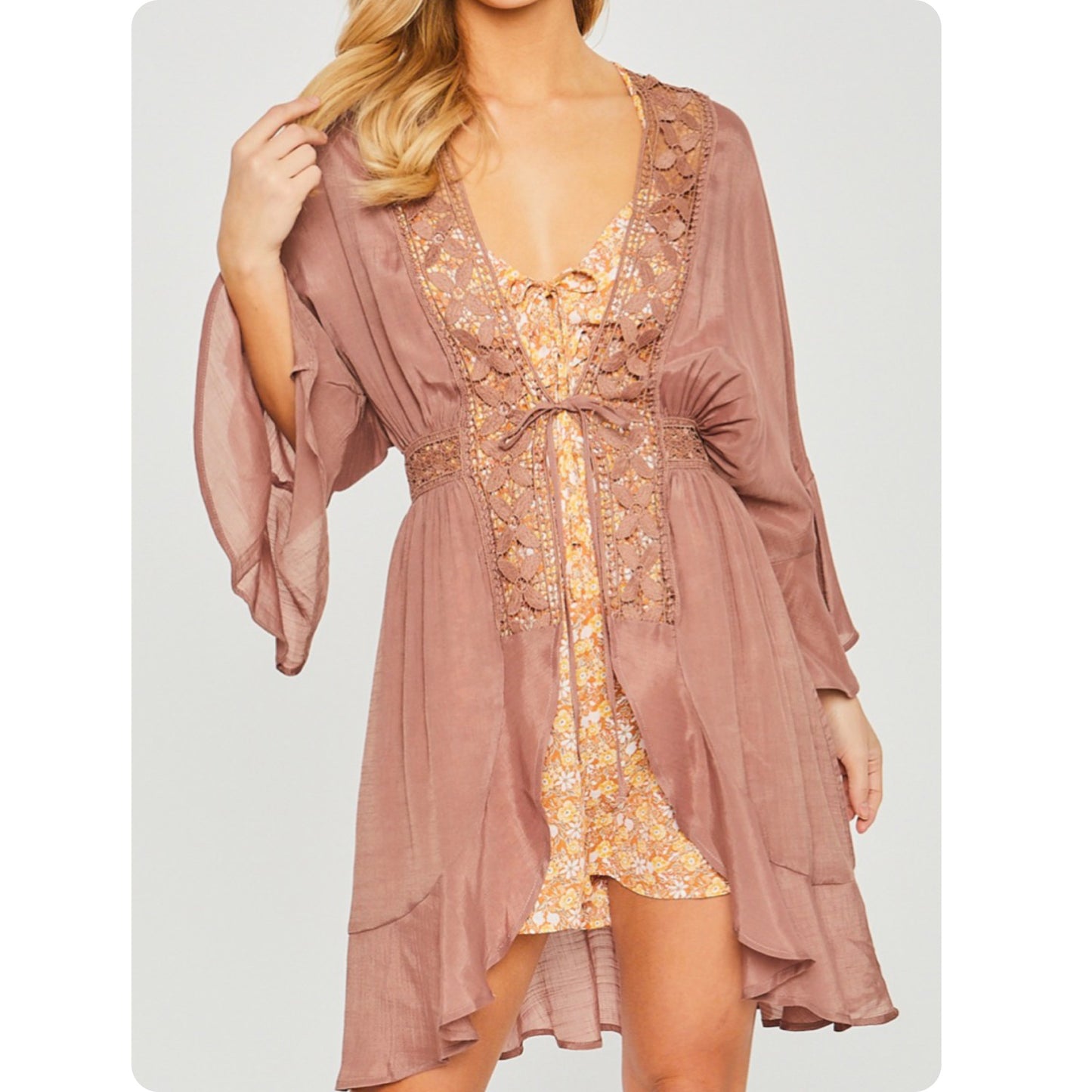Ashlyn’s Classy and Sassy CoCo Crochet Lace Ruffle Trim Kimono
