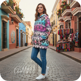 Fall Approved Jade/Magenta Aztec Print French Terry Kangaroo Pocket Hoodie-Hooded Sweater Top