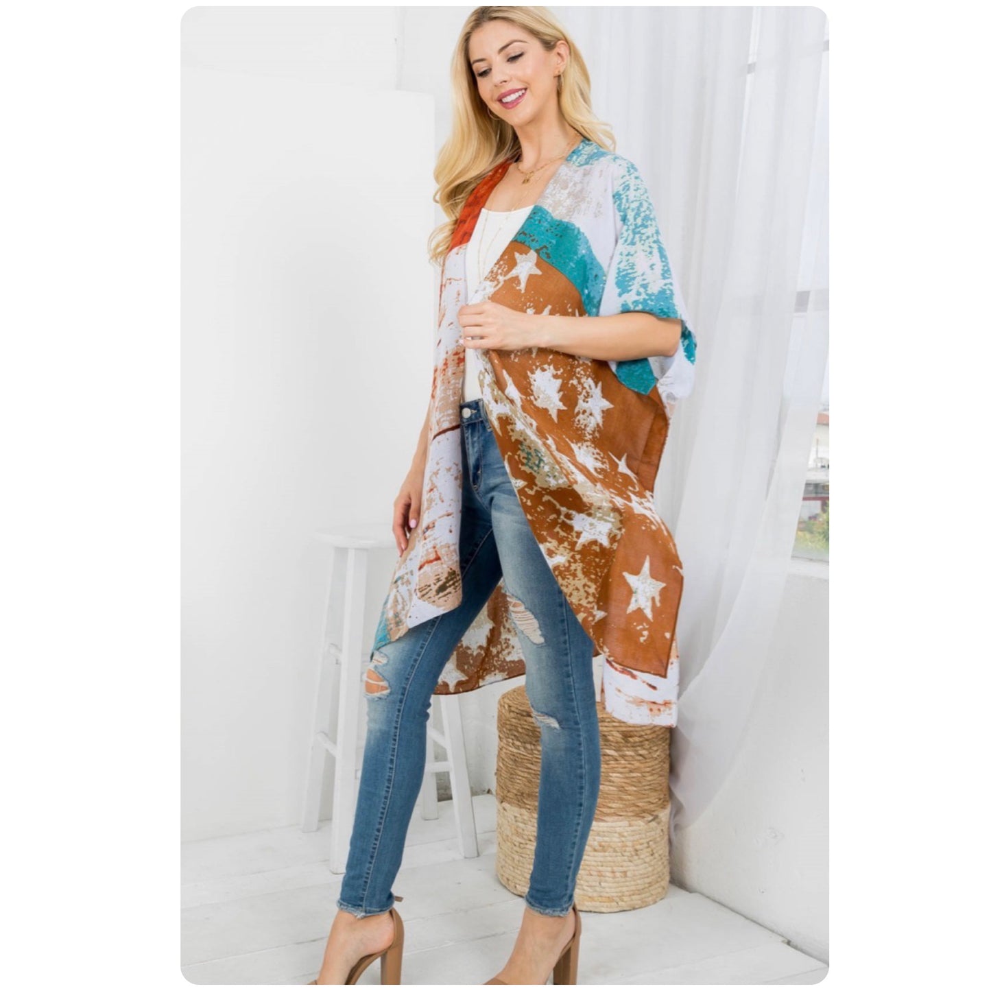 Ashlyn’s American Pride Theme Turquoise Rust Vintage Toned Kimono-Cardigan