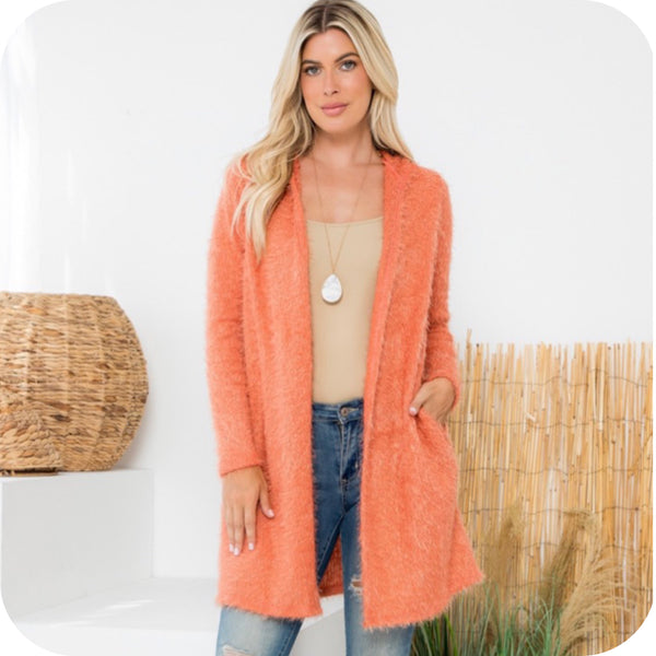 Ashlyn’s Casually Classy Silky Fur Coral Hooded Cardigan-Open Front Sweater