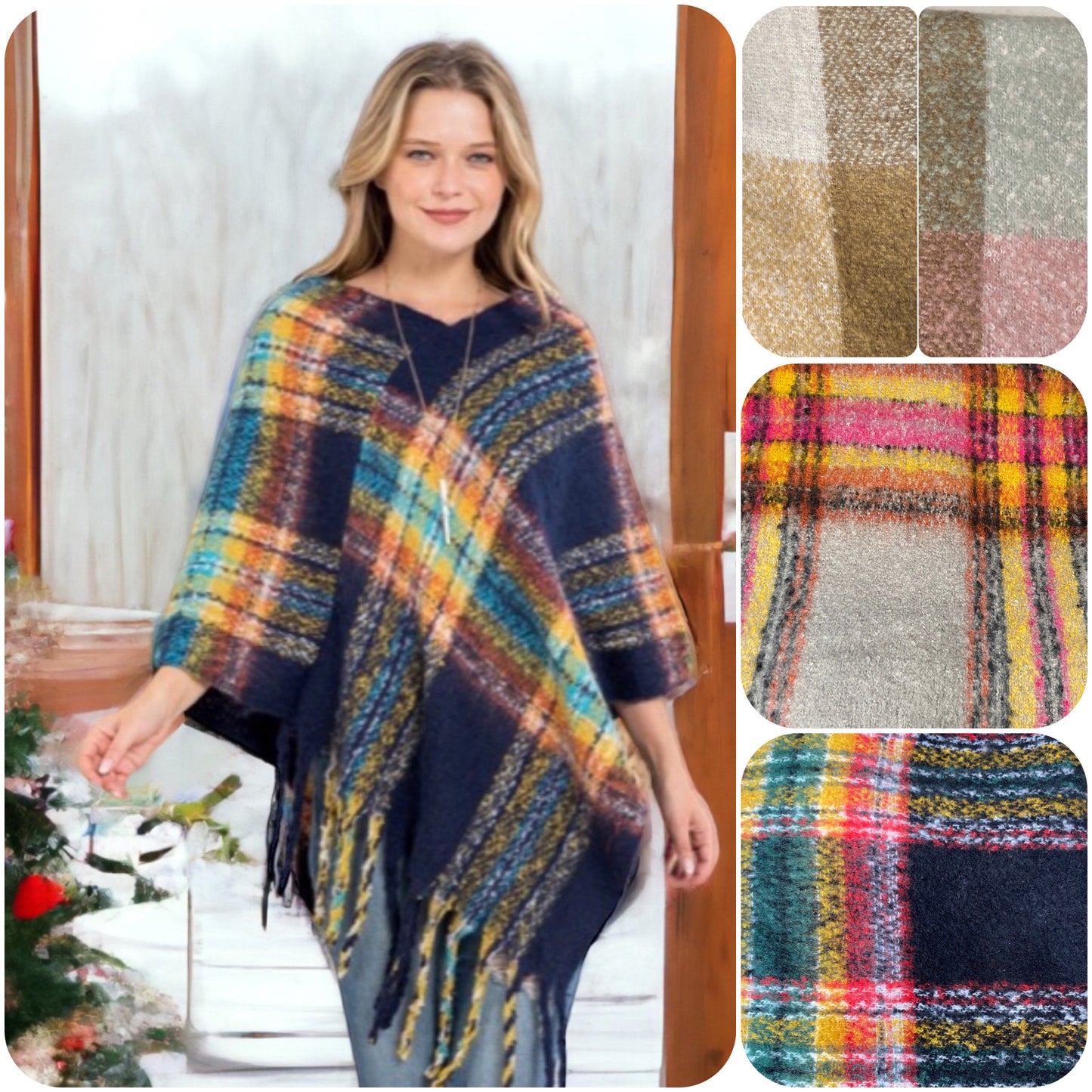 Cuddly Soft Fringe Trim Poncho-Shawl-4 color choices