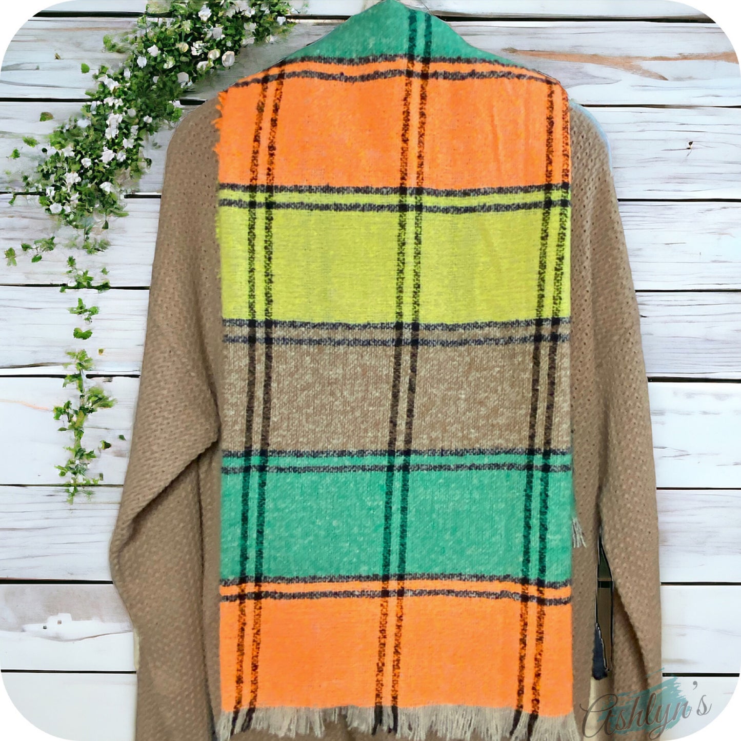 Ashlyn’s Casually Classy Vibrant Orange Green Blanket Scarf-Wrap