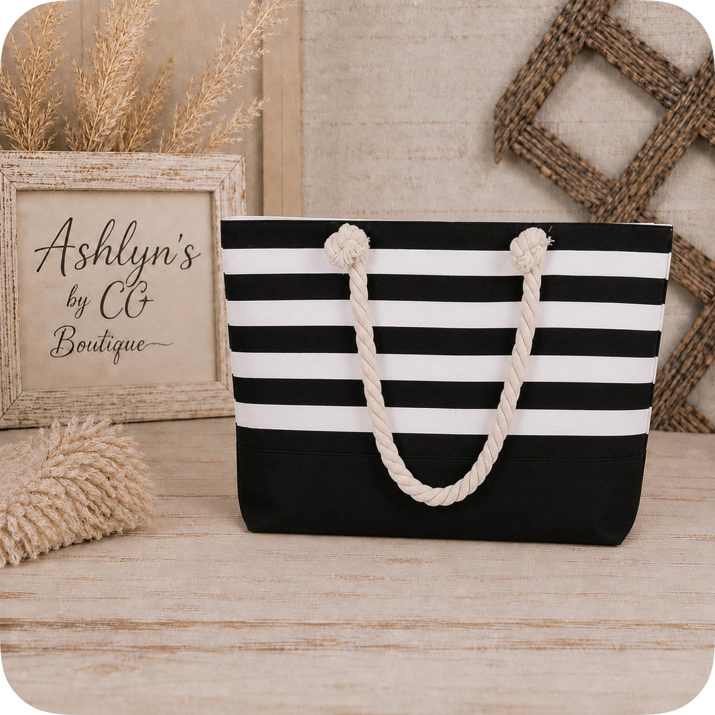 Ashlyn’s XL Black Striped Canvas Headed Out with Ease Tote Bag-Purse