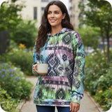 Fall Approved Purple/Green Aztec Print French Terry Kangaroo Pocket Hoodie-Hooded Sweater Top