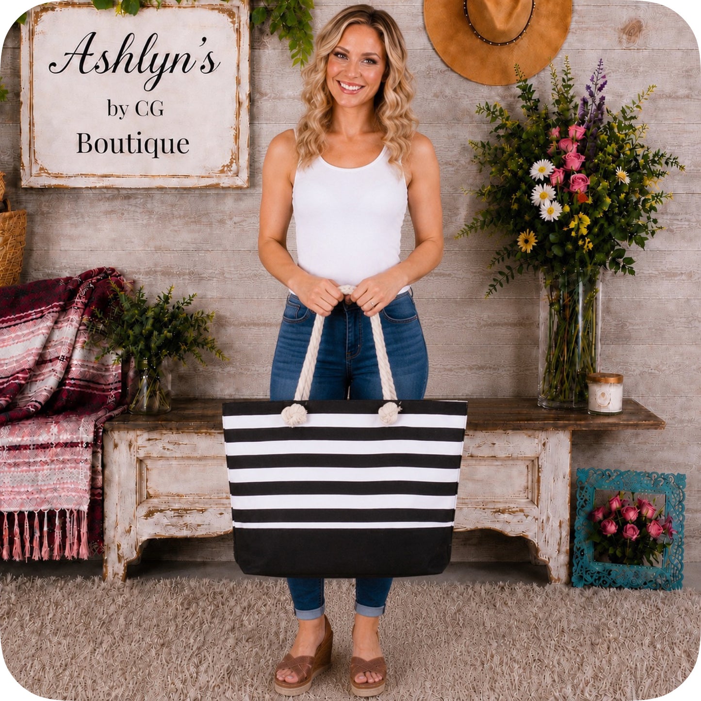 Ashlyn’s XL Black Striped Canvas Headed Out with Ease Tote Bag-Purse