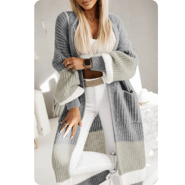 Hello Beautiful-Gray Color Block Long Sweater Duster-Cardigan