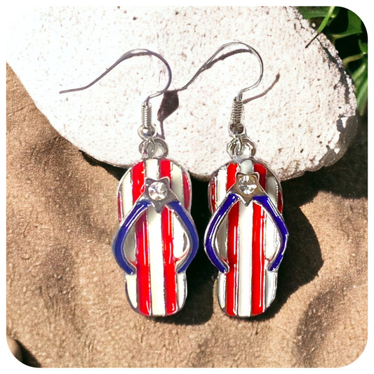 Ashlyn’s Adorable Crystal Accent American Flag Flip Flop Earrings