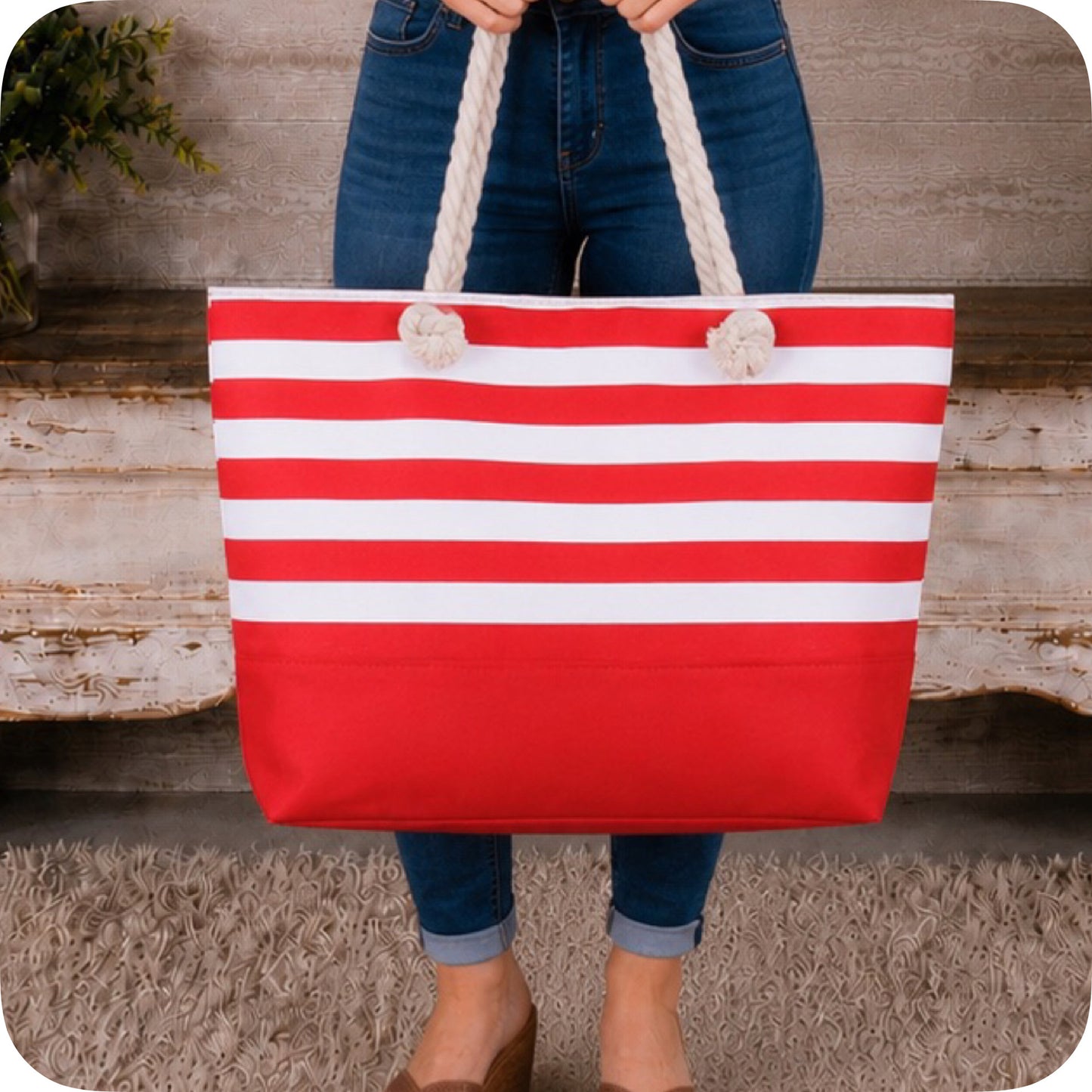 Ashlyn’s XL Red Striped Canvas Headed Out with Ease Tote Bag-Purse