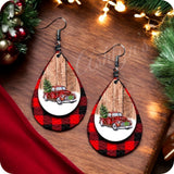 Iconic Red Truck & Tree Red Buffalo Plaid Leather Earrings-Jewelry