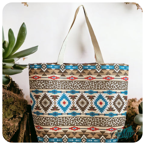 Ashlyn’s Beach Day to Any Day Beige Teal Geo Aztec and Leopard Tote Bag-Tribal-Purse