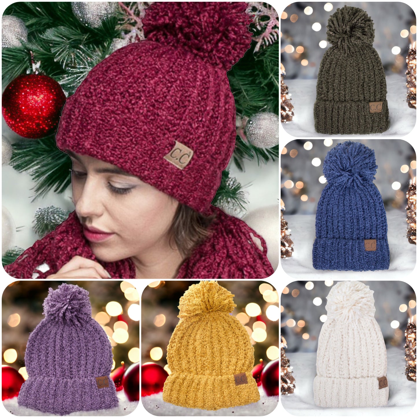 Adorable Adult Chenille Puff Pom CC Beanie-Winter Hat