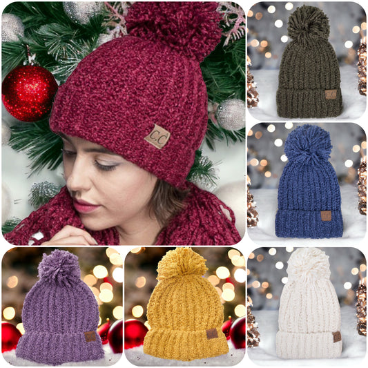 Adorable Adult Chenille Puff Pom CC Beanie-Winter Hat
