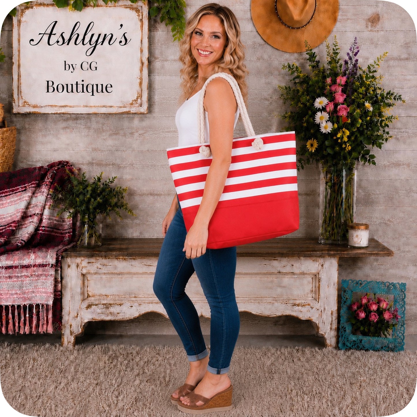 Ashlyn’s XL Red Striped Canvas Headed Out with Ease Tote Bag-Purse