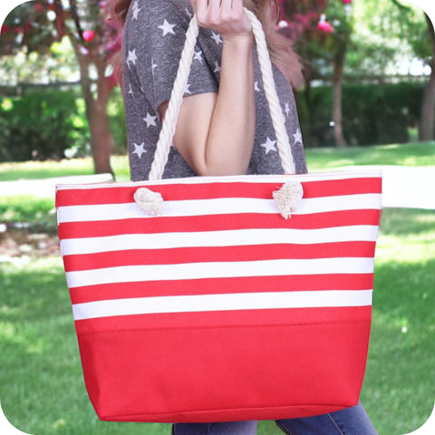 Ashlyn’s XL Red Striped Canvas Headed Out with Ease Tote Bag-Purse