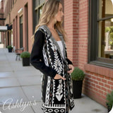 Boho Asymmetric Print Long Black Hooded Cardigan-Aztec Sweater-Duster