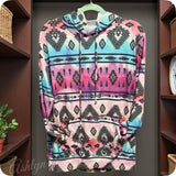 Fall Approved Jade/Magenta Aztec Print French Terry Kangaroo Pocket Hoodie-Hooded Sweater Top