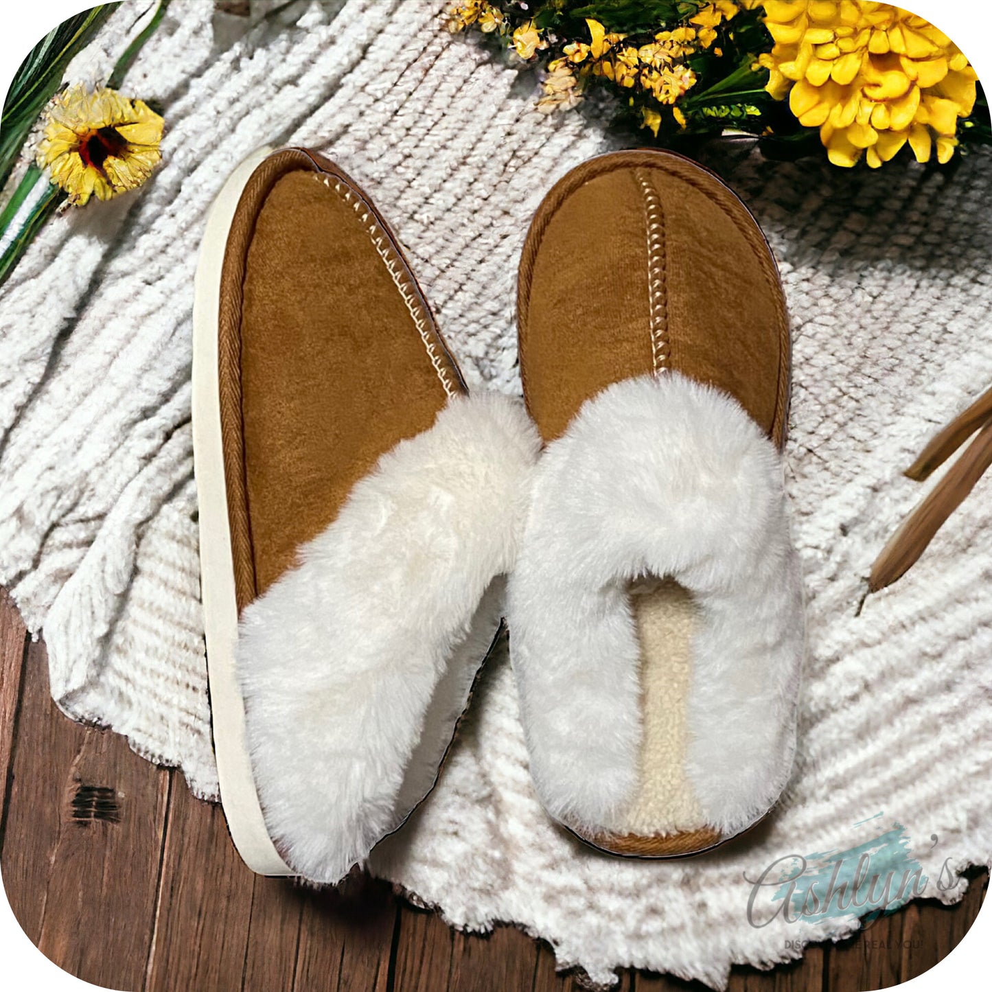 Michele V Dark Tan Suede Plush Slippers