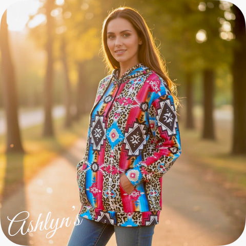 Aztec Animal Print Mix Pink Blue Hooded Sweater Top