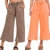 Zenana Acid Wash Fleece Palazzo Pants with Pockets