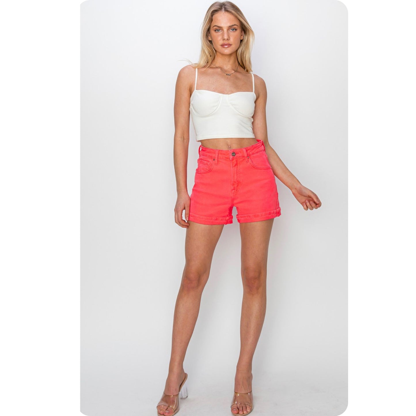Risen High Rise Cuffed Neon Coral Shorts-Summer Comfort