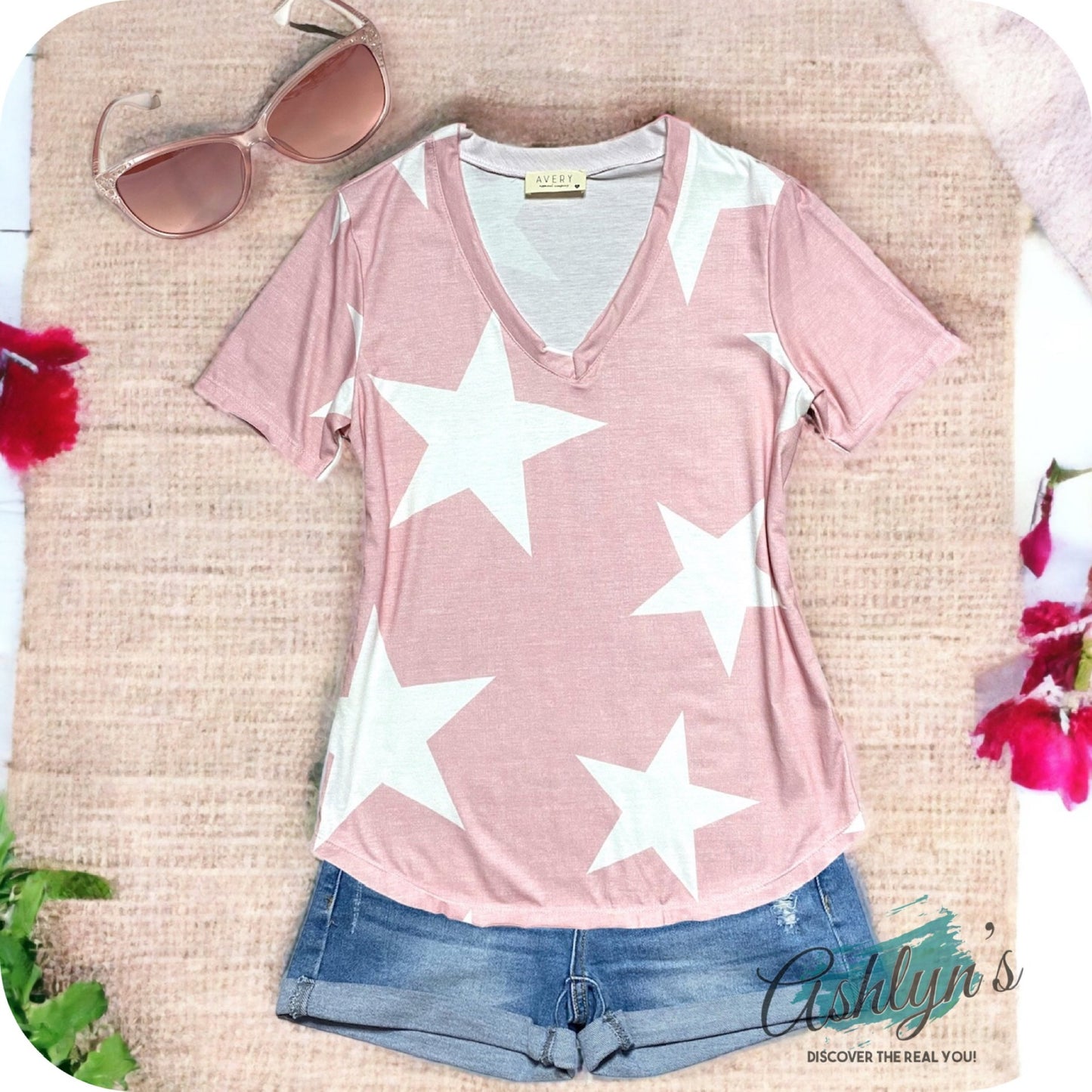 Closeout-Ashlyn’s Pastel Star V Neck Tops-Tunic Top