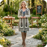 Boho Asymmetric Print Long Beige Hooded Cardigan-Aztec Sweater-Duster-Oatmeal