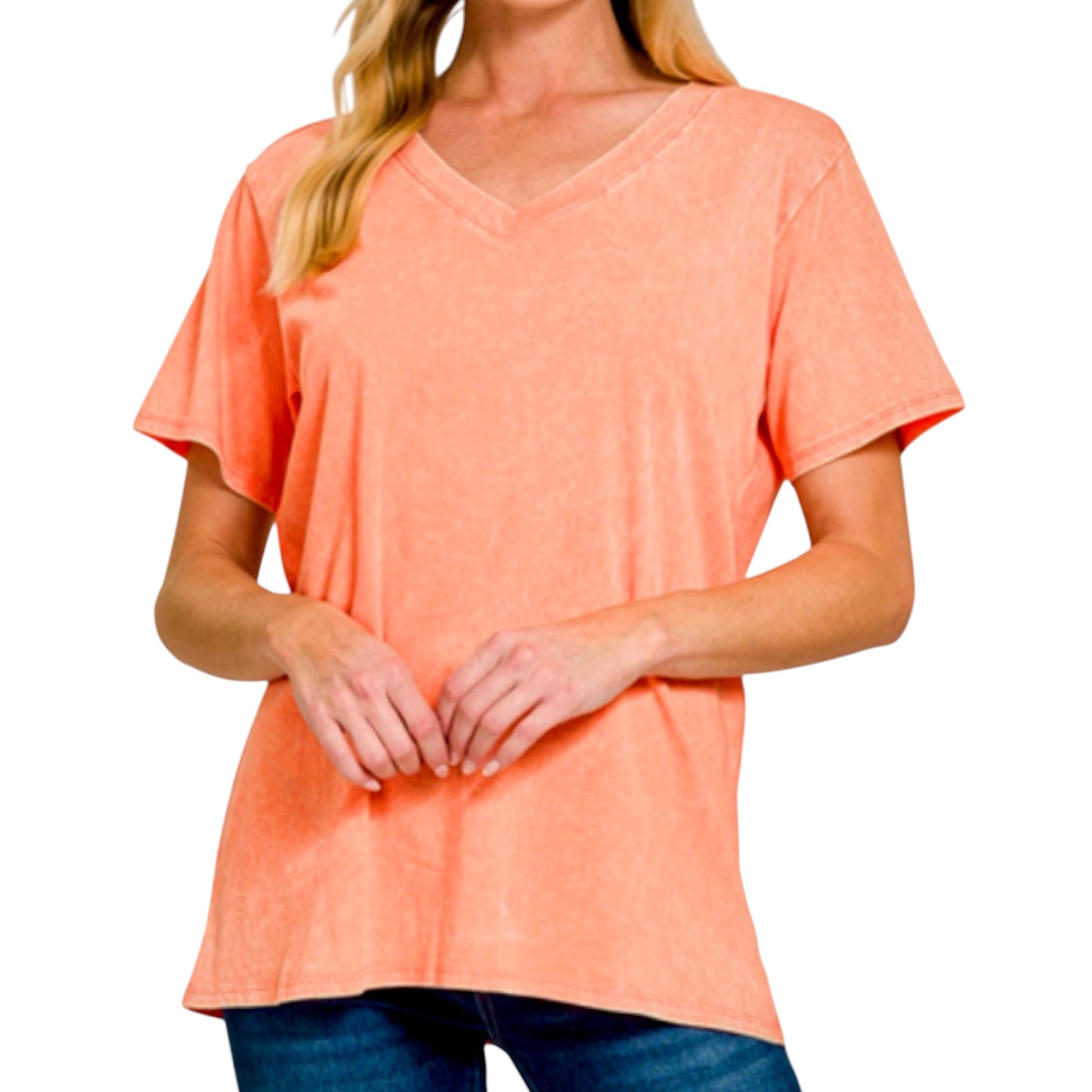 ZENANA Washed Classic V Neck Short Sleeve Tunic Top