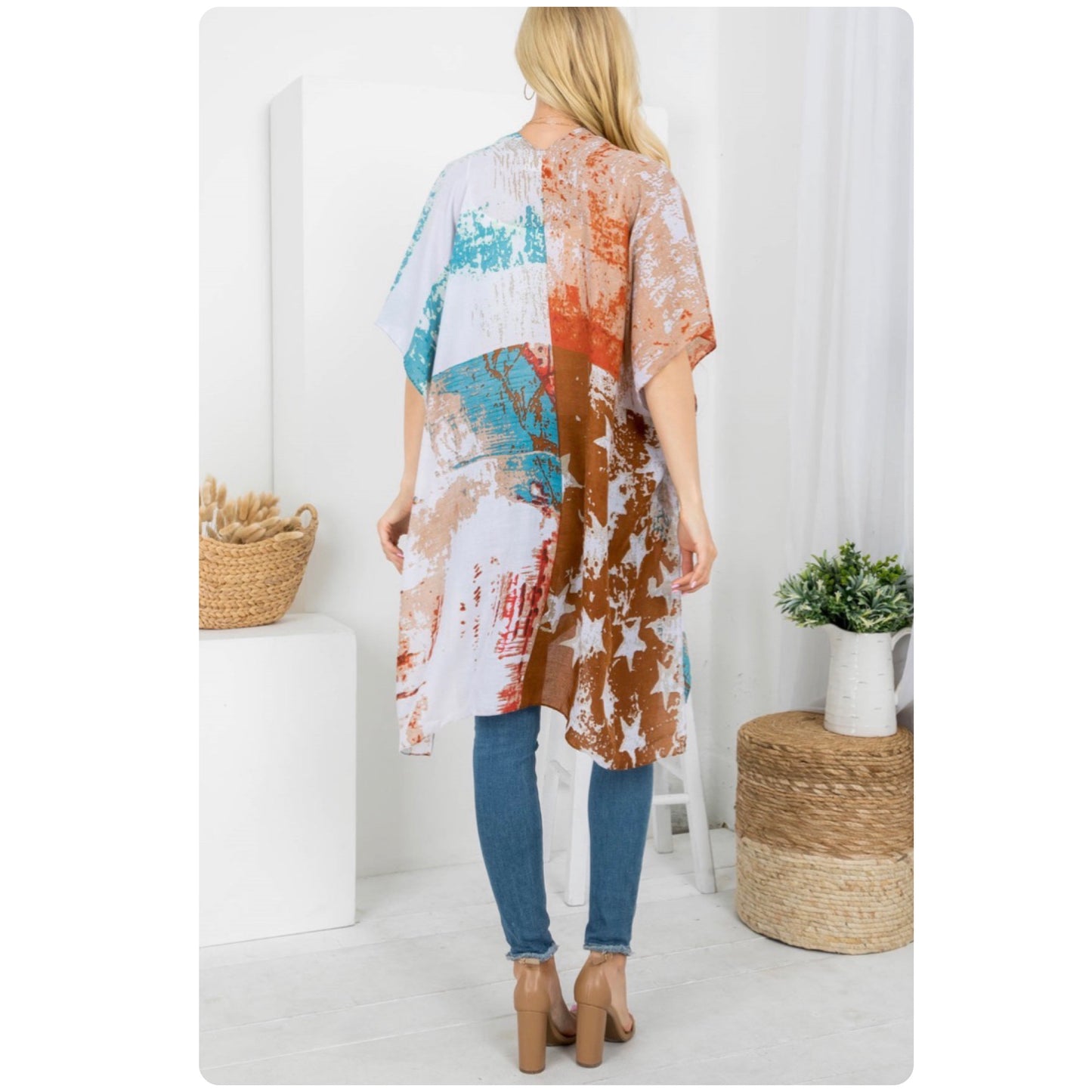 Ashlyn’s American Pride Theme Turquoise Rust Vintage Toned Kimono-Cardigan